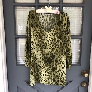 Susan Graver Olive Army green Leopard Animal Print 3/4 Sleeve Top Size XL
